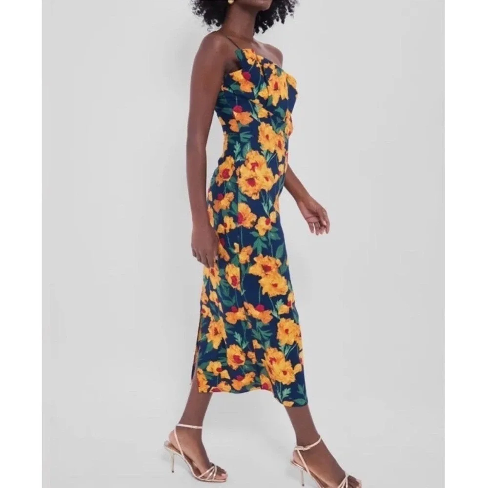Hyacinth House Margot‎ Navy Marigold Floral Ruffle One Shoulder Maxi Dress S